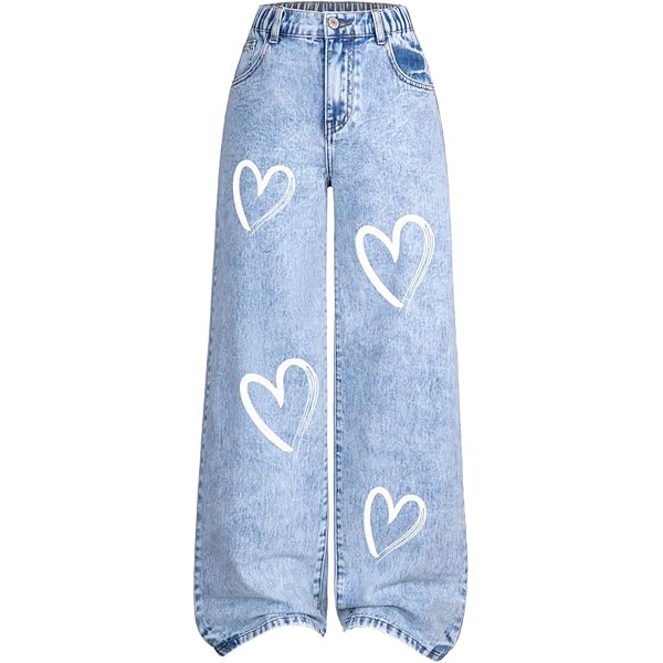 Amazon.com: GORGLITTER Girl's Cute Heart Print Wide Leg Jeans